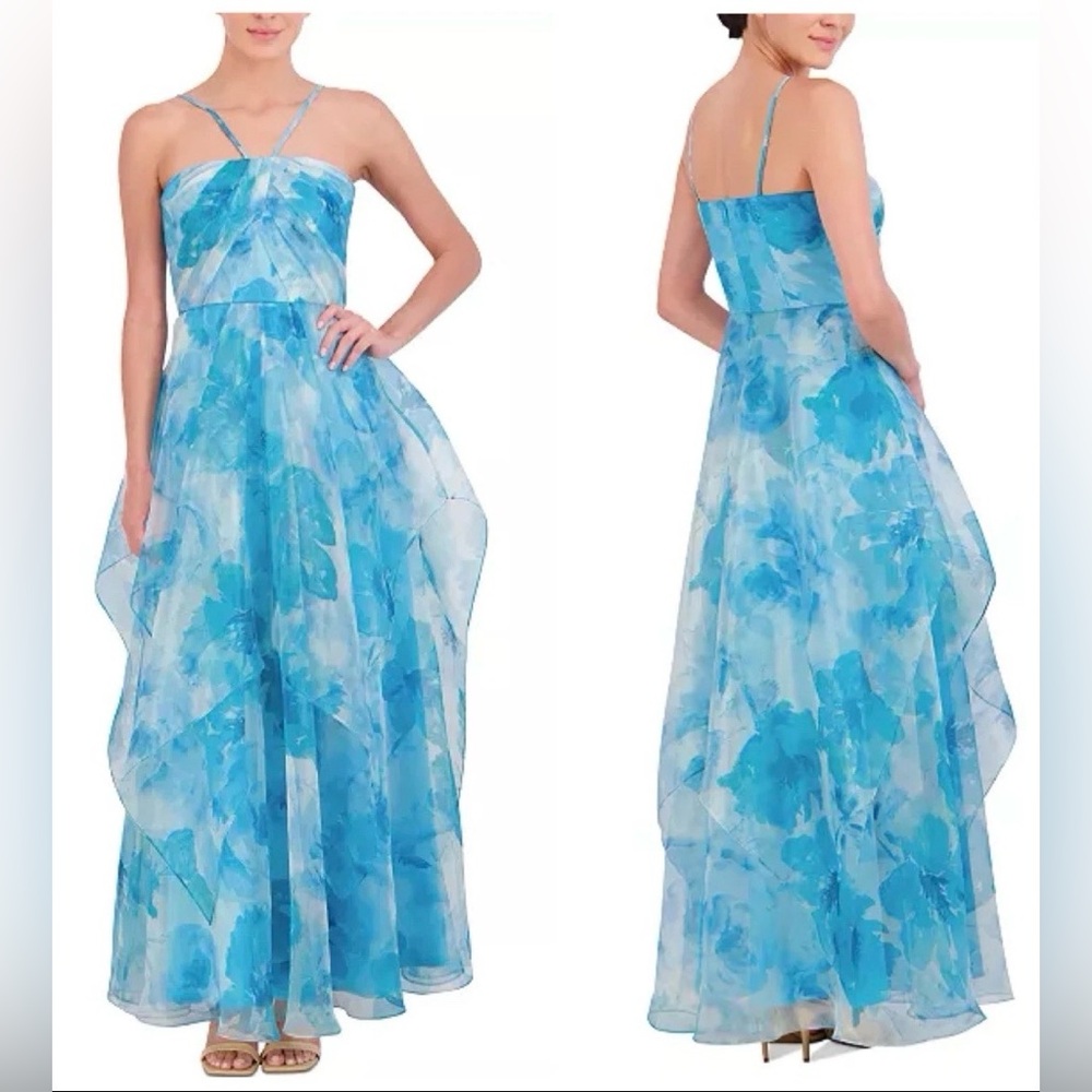 NWT Floral A-Line Chiffon Gown Halter NeckStrap Floral Handkerchief Hem Size 14